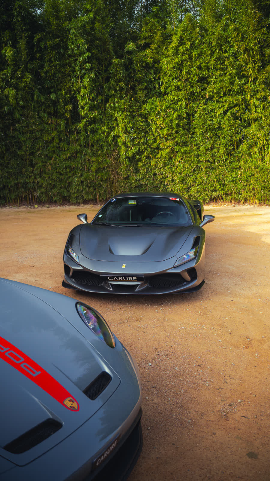 Ferrari F8 et Porsche 911 GT3 Carure devant une haie de bambous